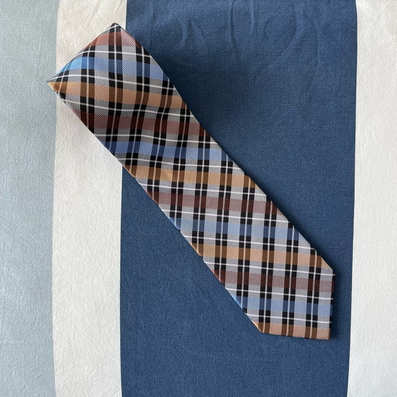 Joseph & Feiss International 100% Silk Earth Tone Brown Blue Plaid Men Neck Tie - Picture 11 of 11